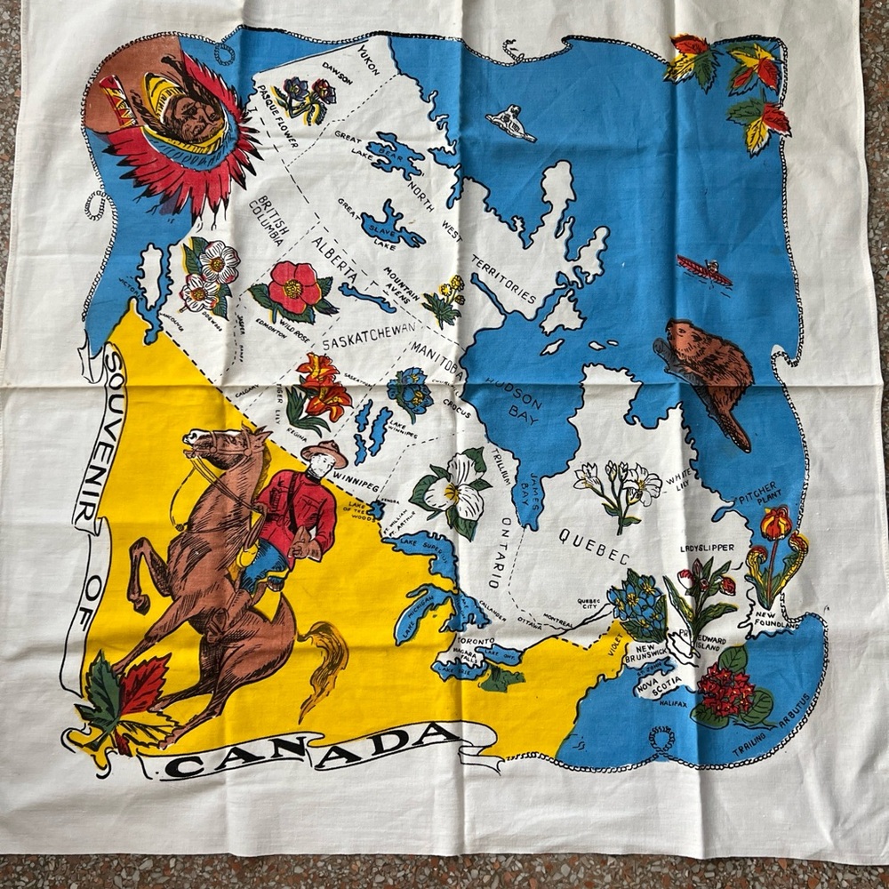 Vintage Souvenir Tablecloth From Canada Linen Mounty, Map Providences 36…